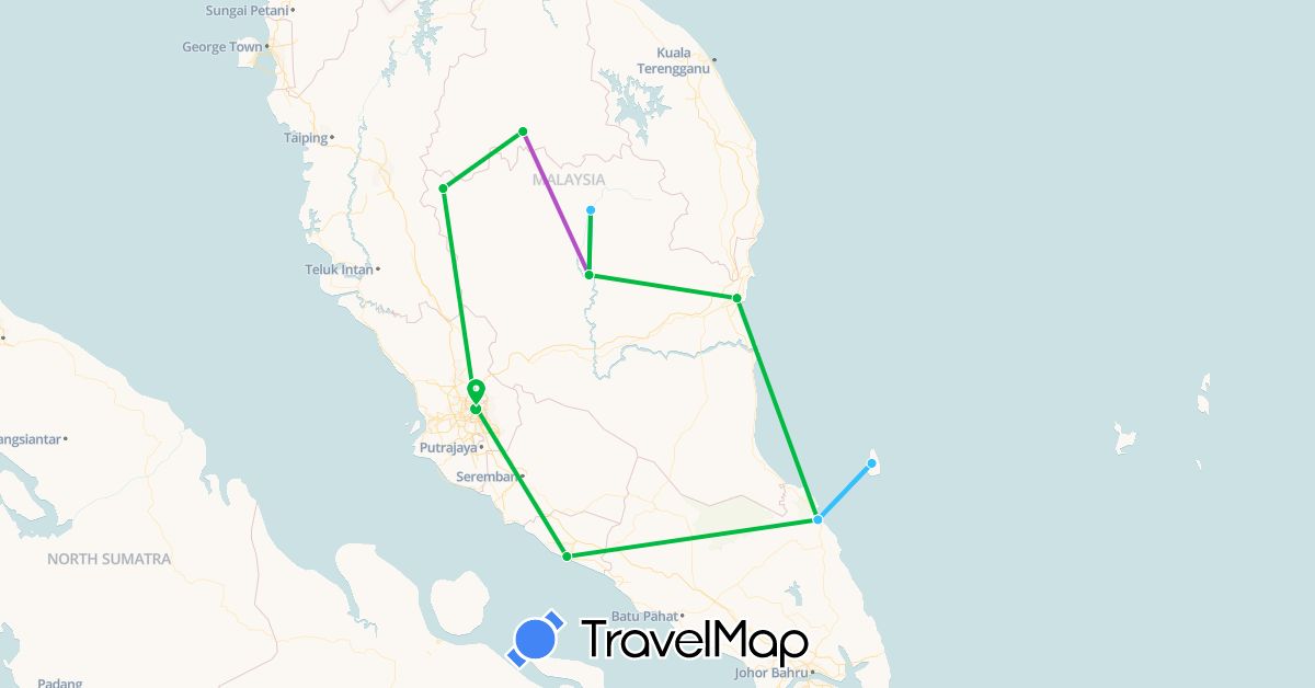 TravelMap itinerary: bus, plane, train, boat in Malaysia (Asia)